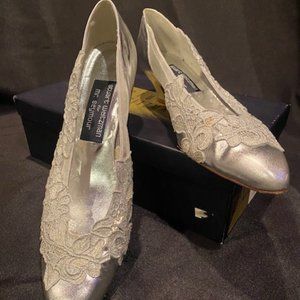 Great wedding shoes. Stuart Weitzman for Mr. Seymour.  Silver with lace appl.